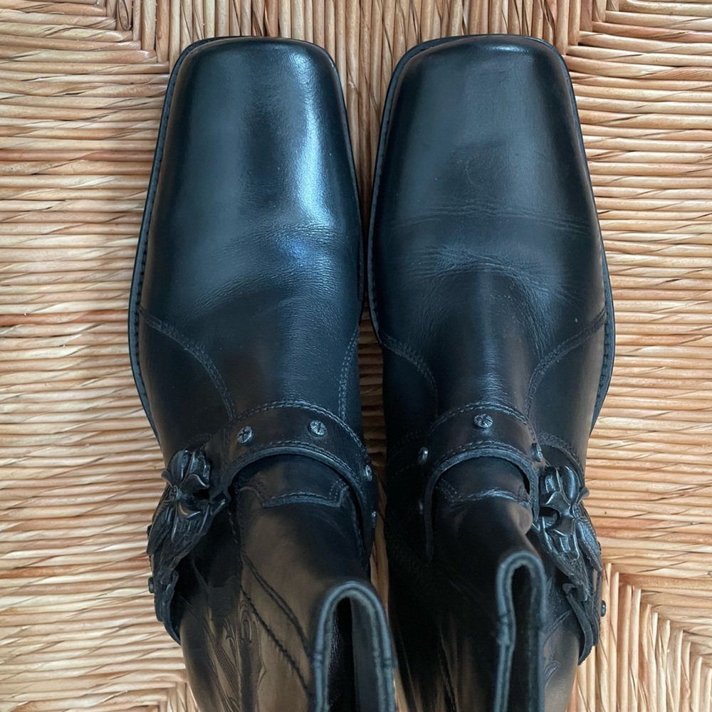 MARK NASON Black Leather Biker Ankle Boots Embossed Cross Studded Skulls 8 NEW! - Picture 8 of 16